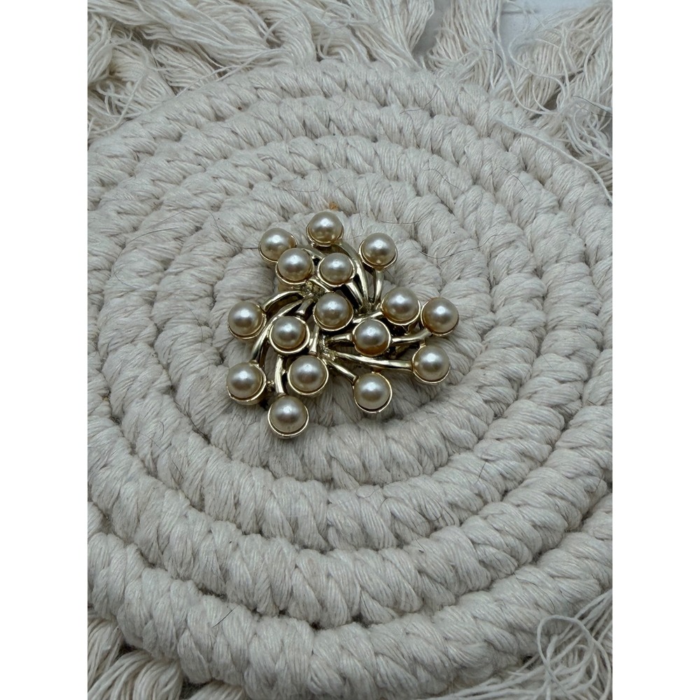 Vintage Emmons Faux Pearl Gold Tone Atomic Starburst Brooch Pin Mid Century